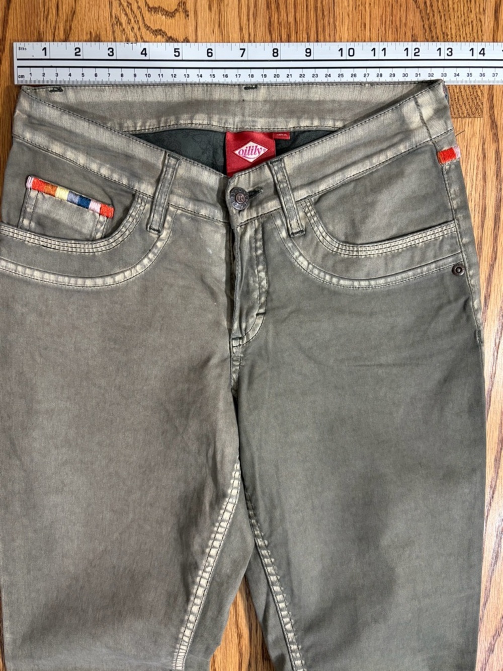 Oilily Grayish Green Boot Cut Pants with Embroidered Rainbow Contrast Trim sz 2 - Picture 6 of 11